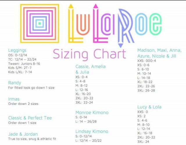 Lularoe Cardigan Size Chart
